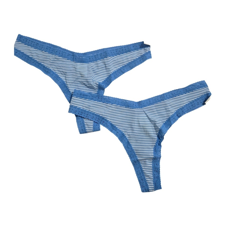 Aerie Womens‎ Thong 2-Pack Blue White Striped Lace Trim Ribbed Cotton Small